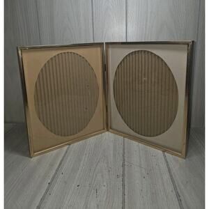 Vtg 70s Brass Standing Double Bifold Picture Frame Oval Matte Gold Tone 8x10